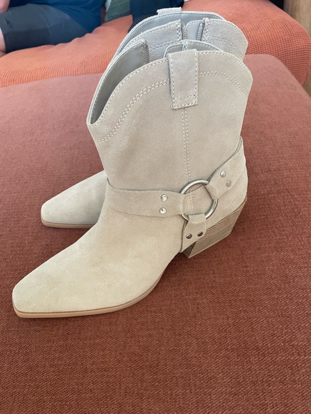 Suede Tan Western Ankle Boots with Ring Detail